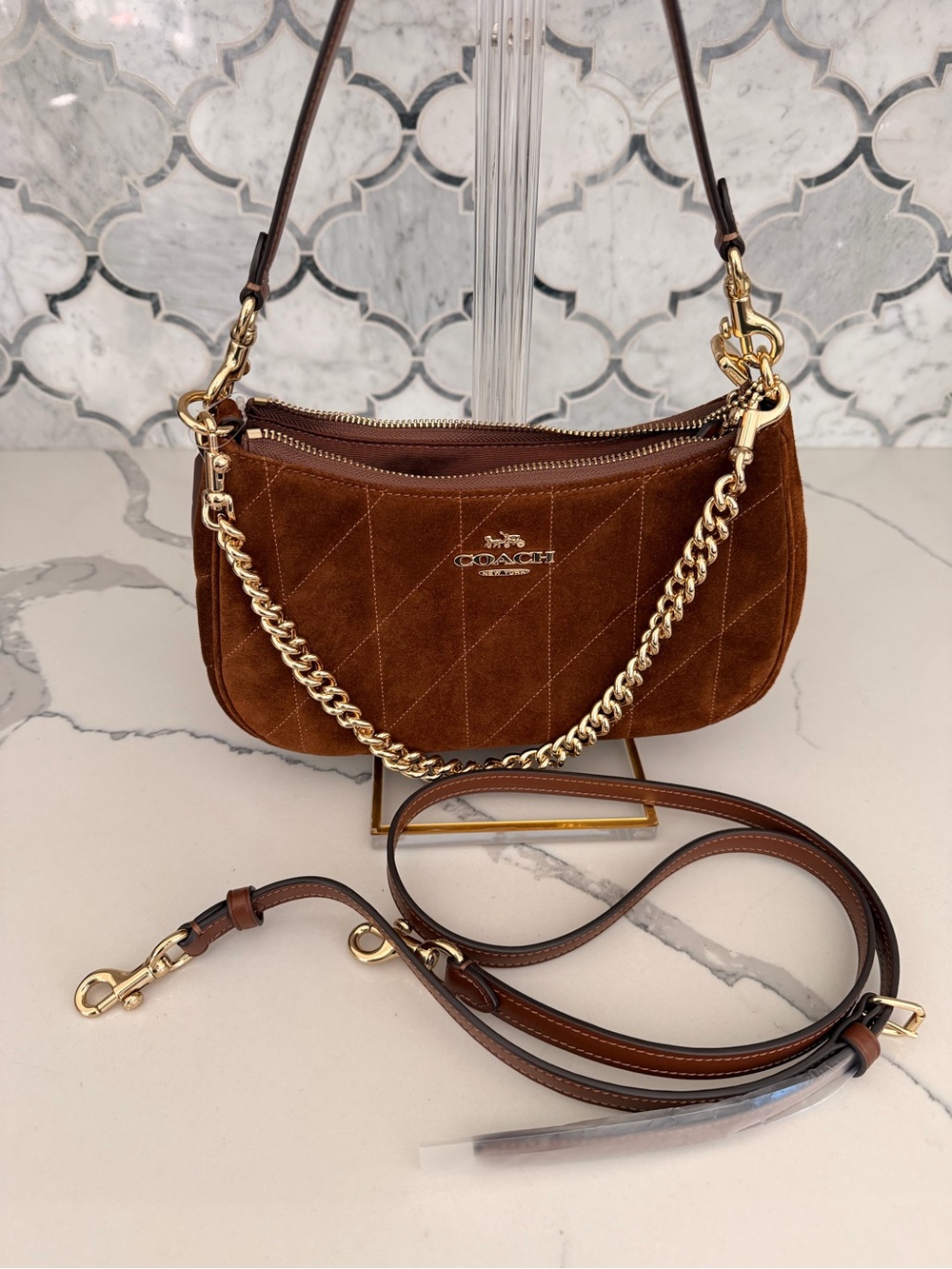 Coach Brown Suede Shoulder Bag with Gold Chain - Picture 7 of 10